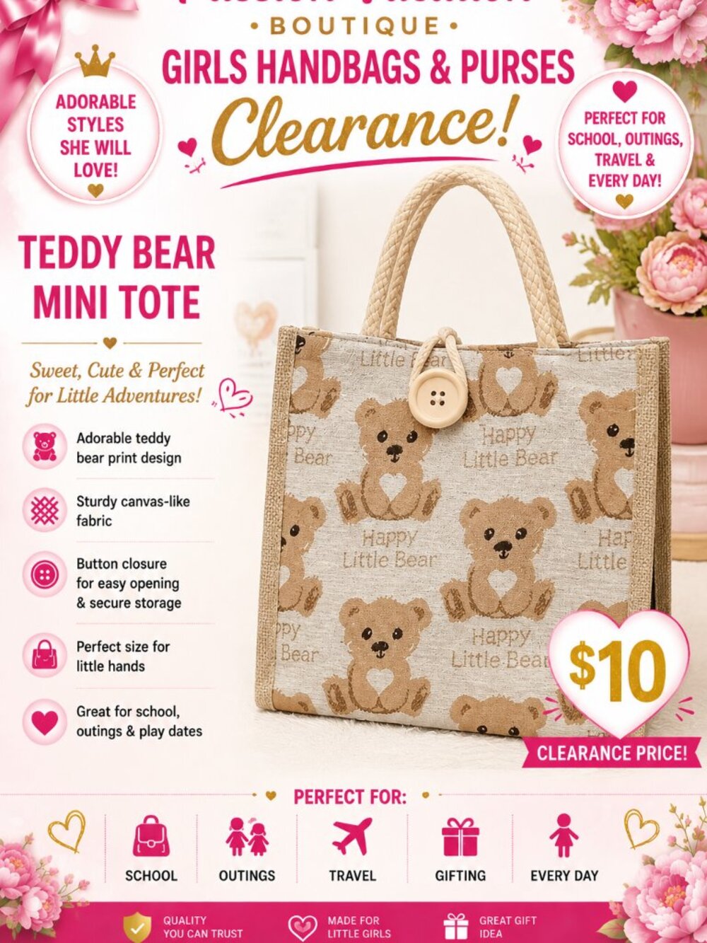 Girls Teddy Bear Mini Tote Bag | Beige Happy Little Bear Handbag | Kids Purse